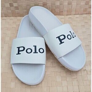 Polo Ralph Lauren Cayson White Slide Sandals Ladies Sz 7 Spellout POLO